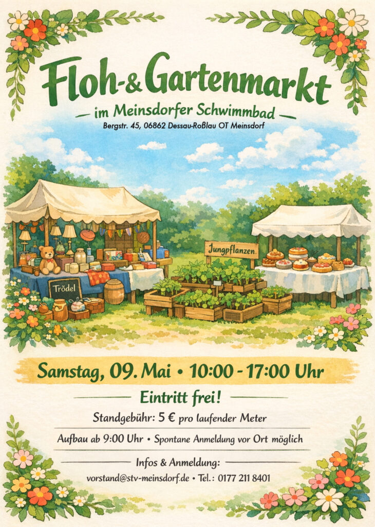 Floh- & Gartenmarkt am 09. Mai 2026 im Schwimmbad Meinsdorf