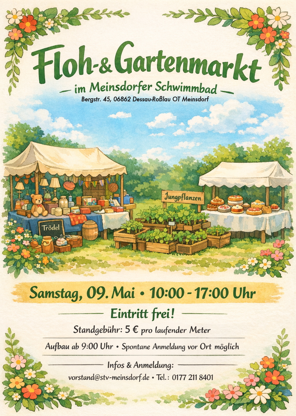 Floh- & Gartenmarkt am 09. Mai 2026 im Schwimmbad Meinsdorf
